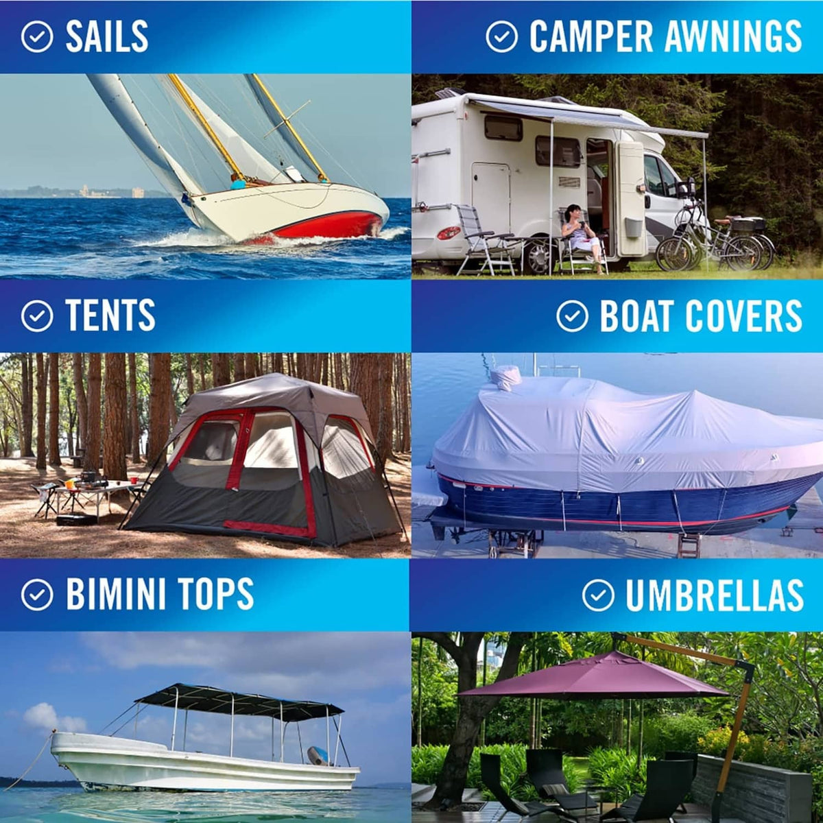 Repair tape shown with use icons for sails, camper awnings, tents, boat covers