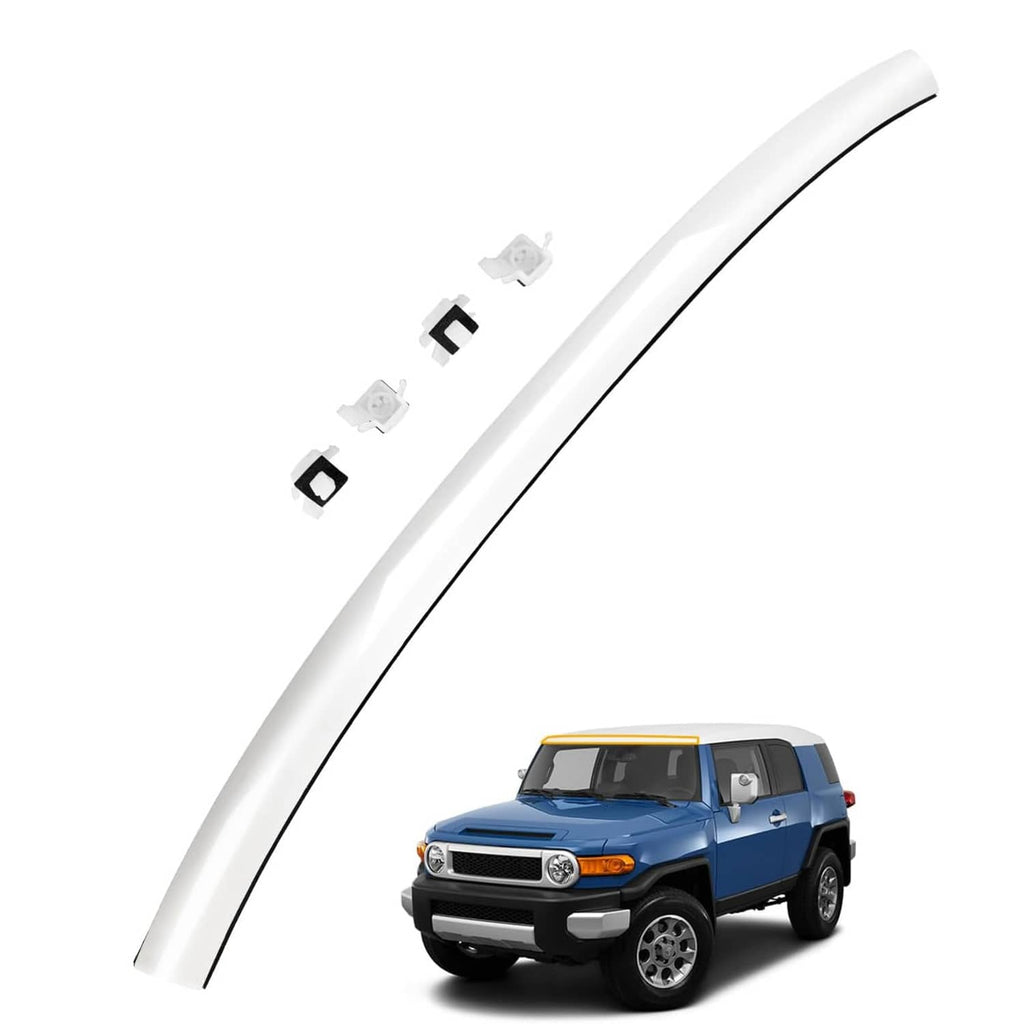 Front windshield upper reveal molding, light gray curved trim strip with small clips