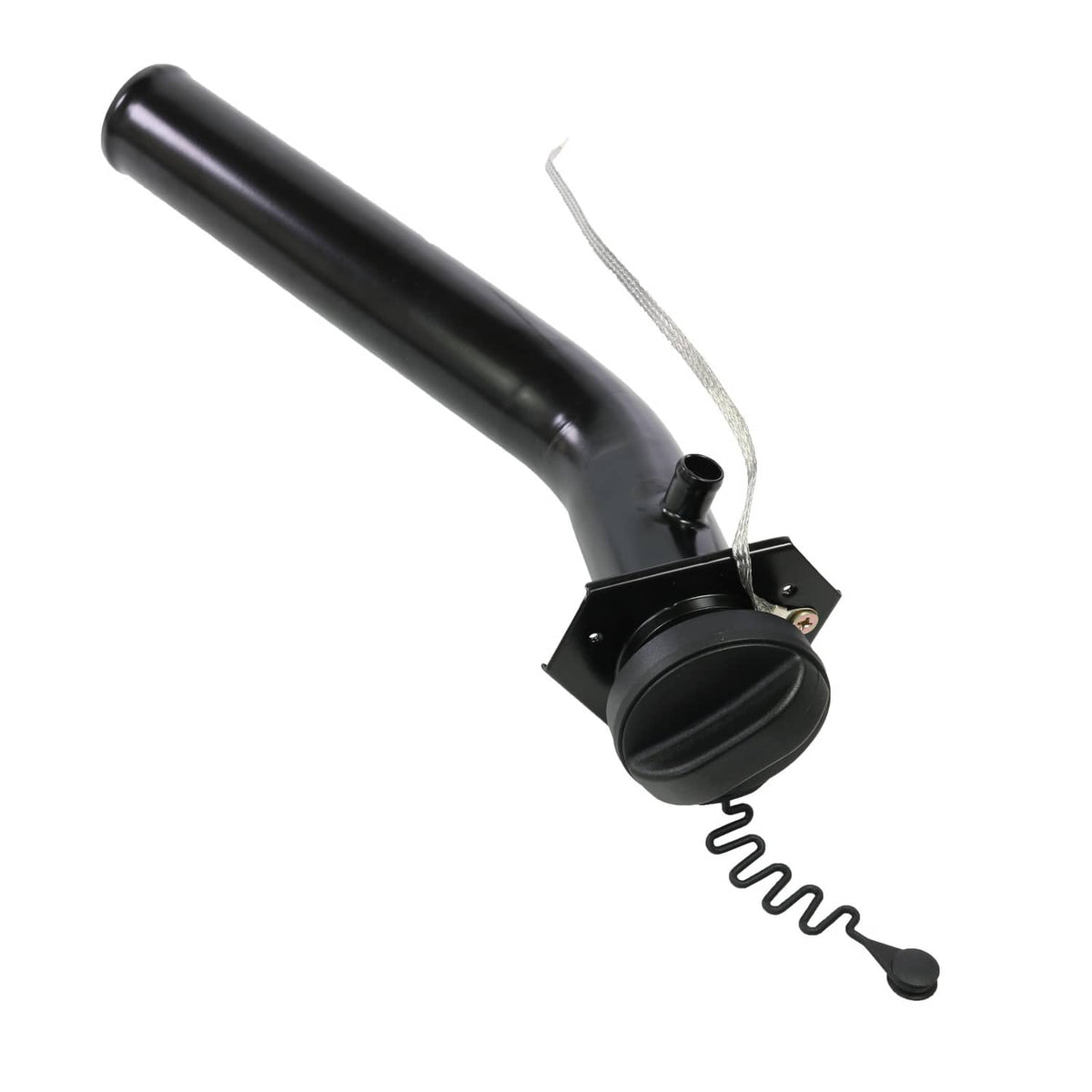 Fuel tank filler neck tube with black cap, coil spring tether, and mounting bracket