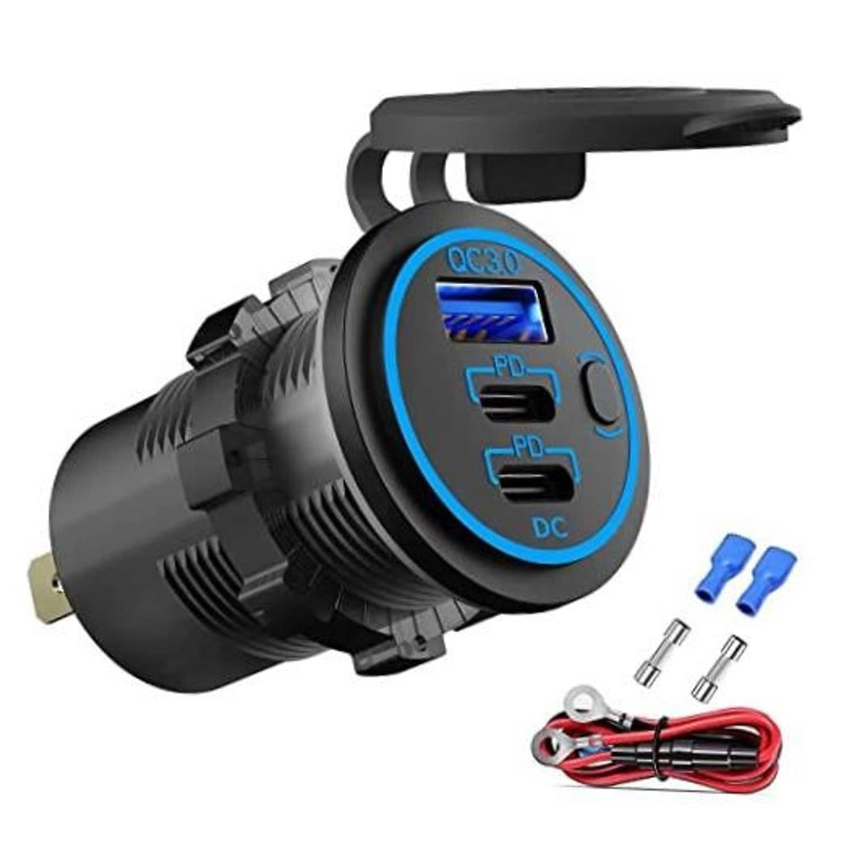 Black 12V car USB charger with dual USB-C and DC ports, blue LED ring