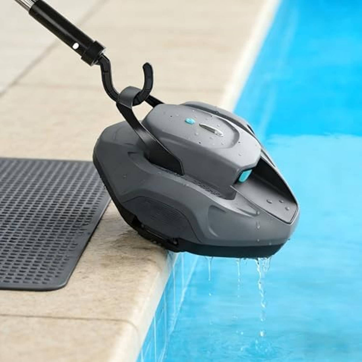Black pool cleaner hook with U-shaped hanger and grip attached to a robotic cleaner