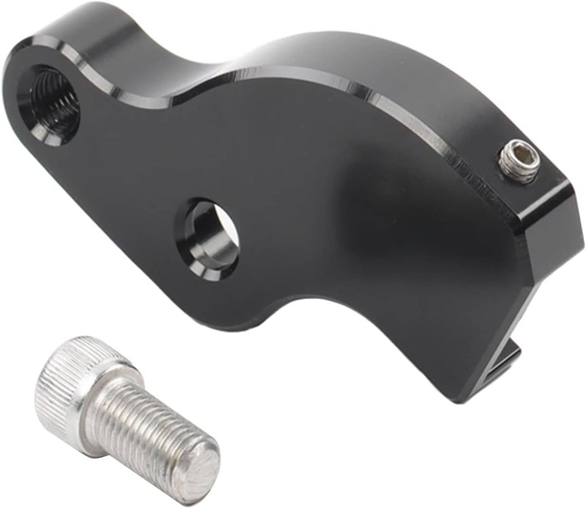Black shift arm bracket with threaded mounting hole and separate hex bolt