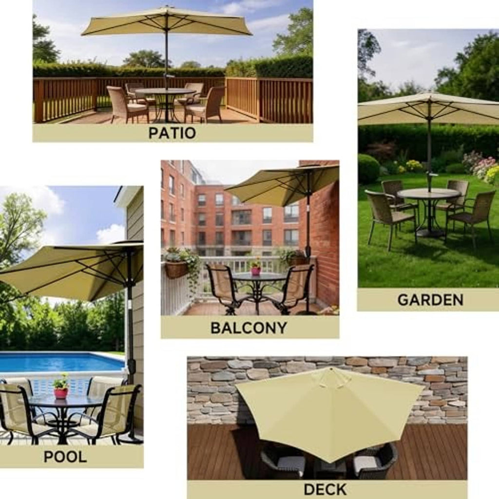 Light beige half umbrella canopy used on patio, garden, balcony, pool, deck