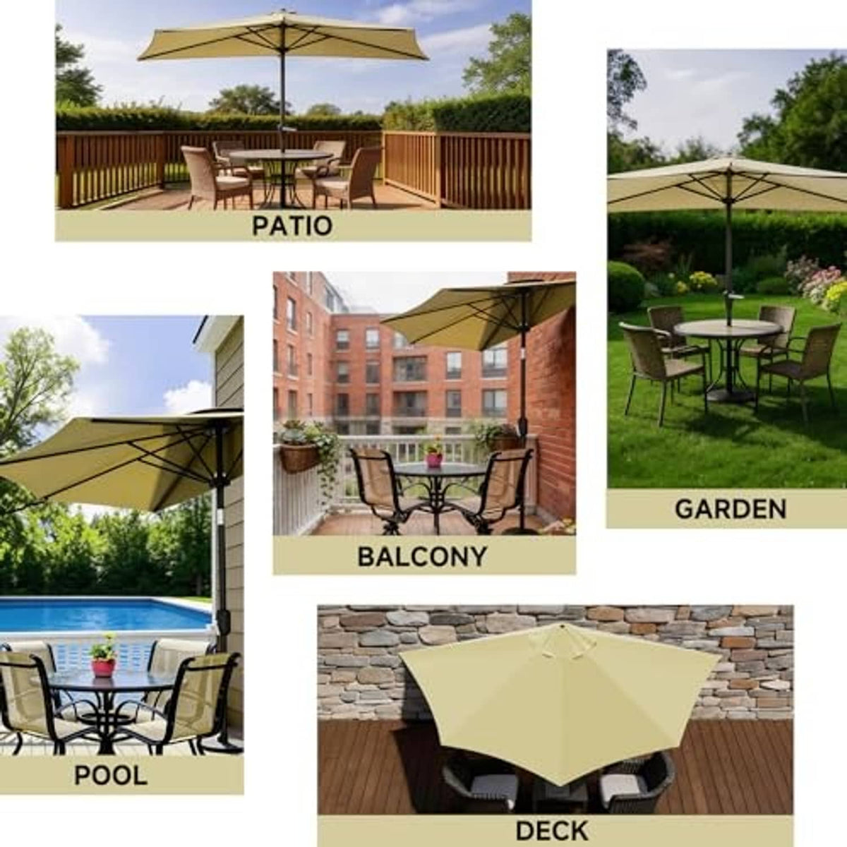 Light beige half umbrella canopy used on patio, garden, balcony, pool, deck