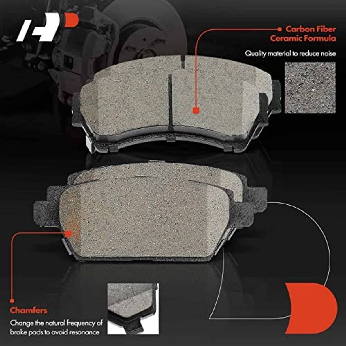 Ceramic brake pads with textured gray friction material and metal backing plates