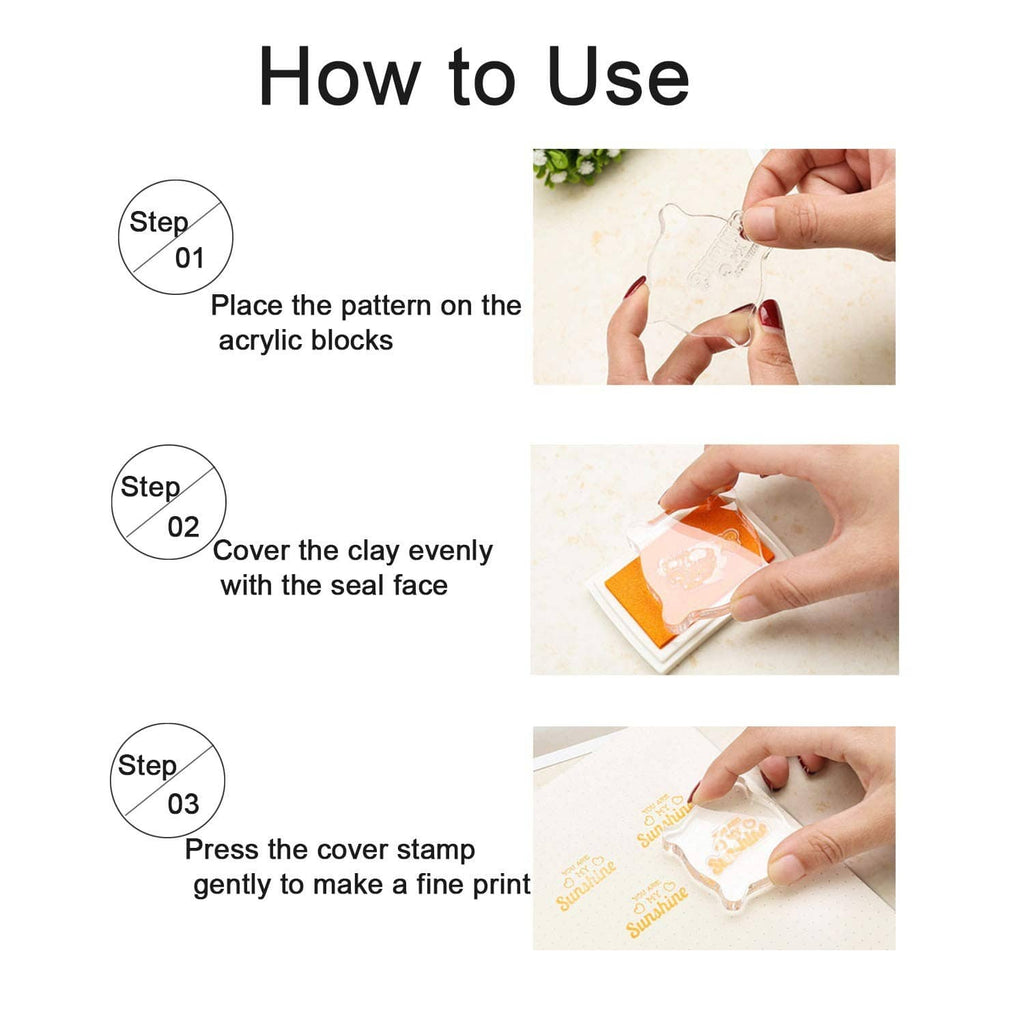 Clear acrylic stamp blocks with protective cover, illustrated how-to steps