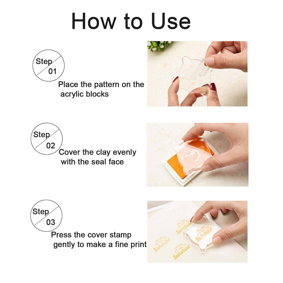Clear acrylic stamp blocks with protective cover, illustrated how-to steps