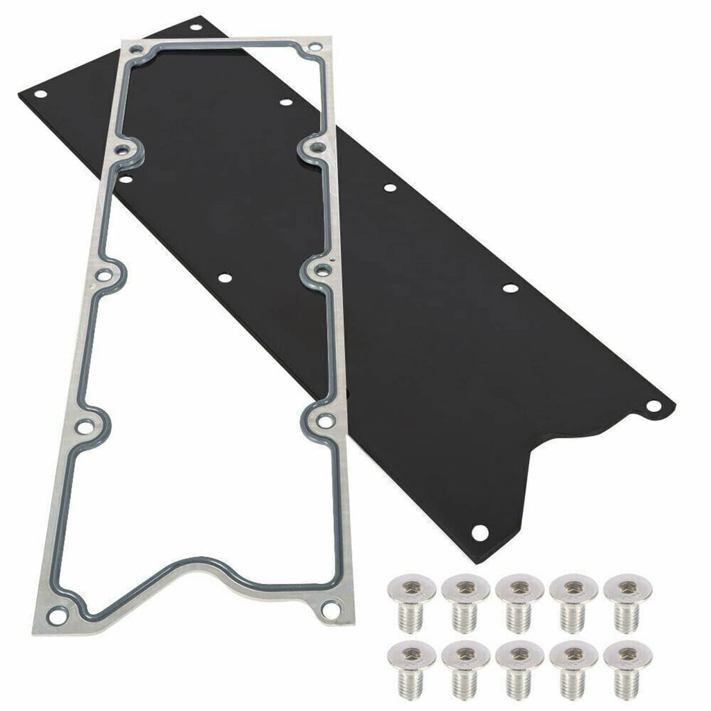 Knock sensor delete plate kit with black billet panels, silver gasket, and bolts