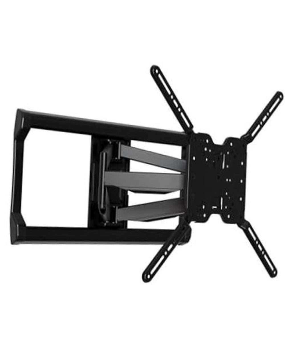 Black full-motion TV wall mount bracket with swing arms and wall mounting plate