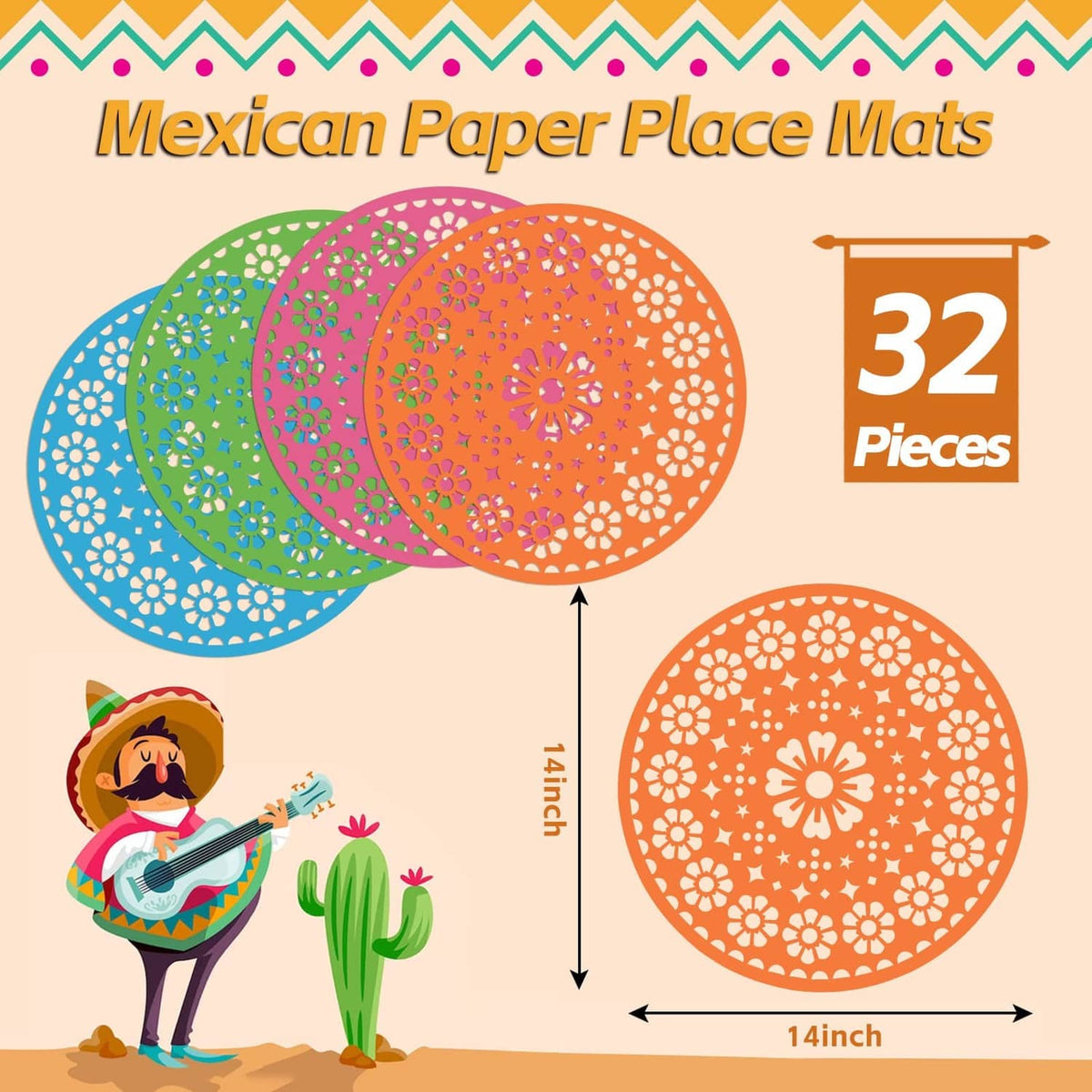 Set of round Mexican paper place mats in blue, green, pink, and orange