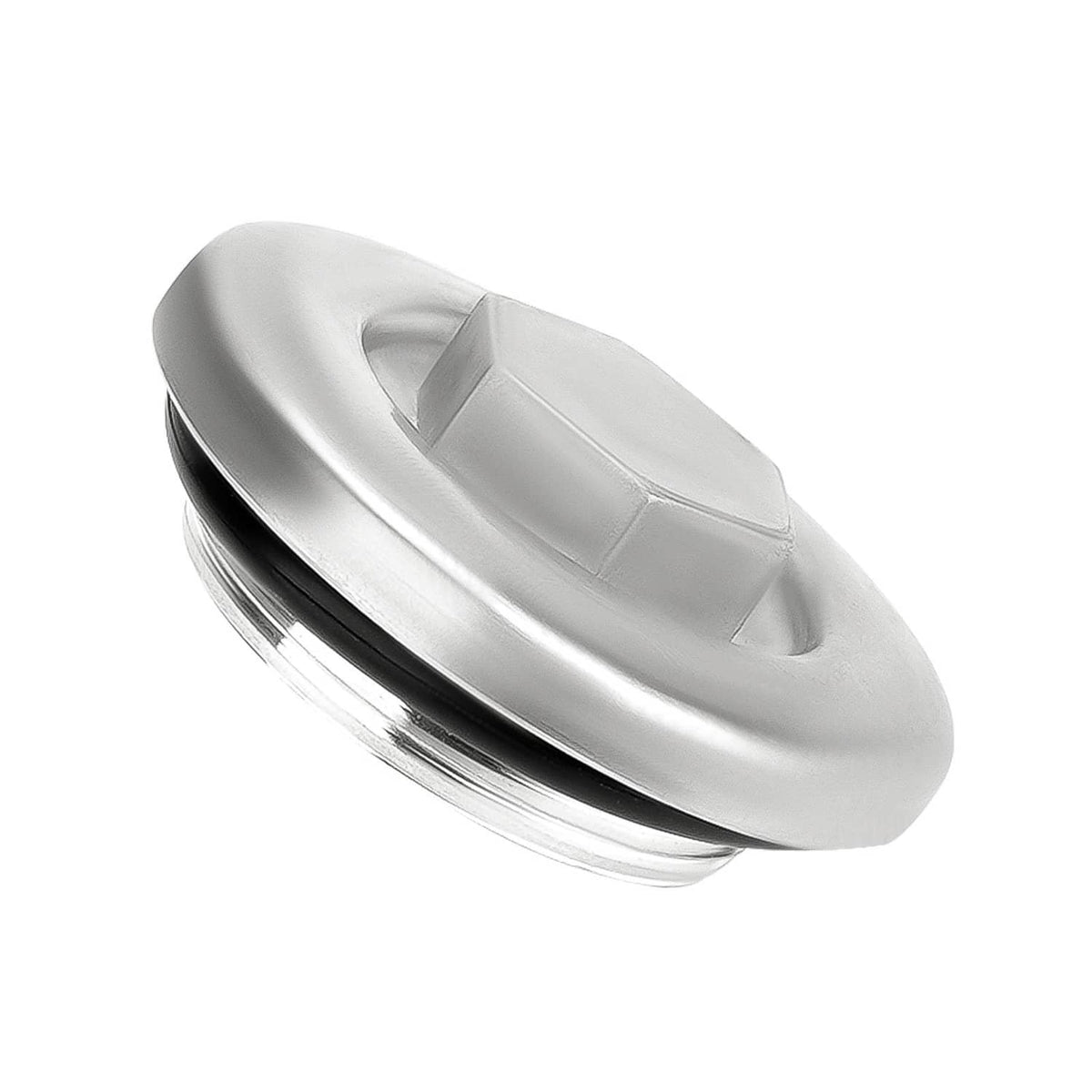 Silver oil drain plug with O-ring, round metal cap and hex socket.