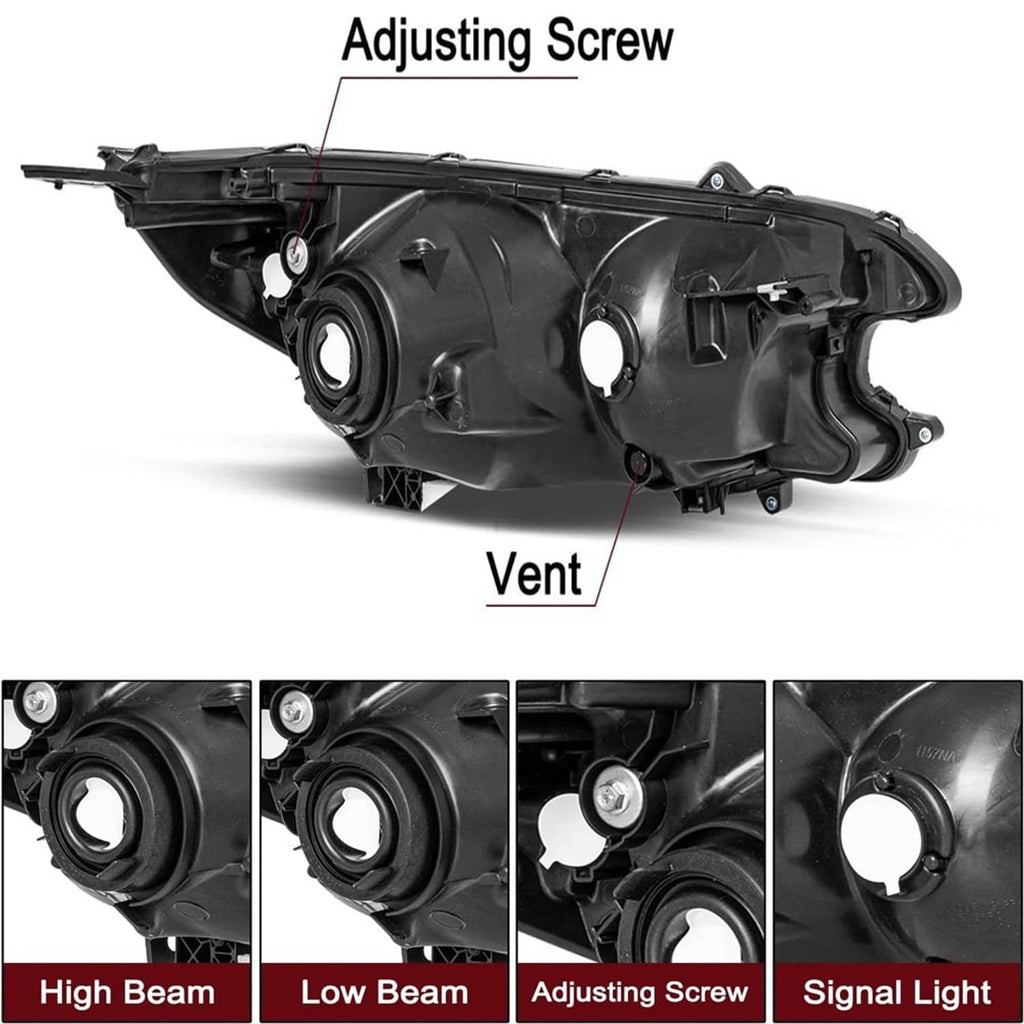 Headlight assembly with black housing, vent, adjusting screw, and clear lens
