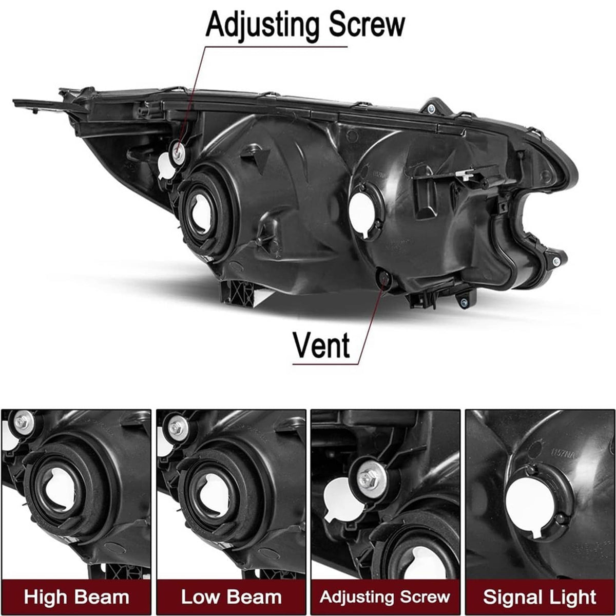 Headlight assembly with black housing, vent, adjusting screw, and clear lens