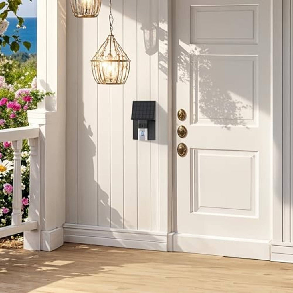 Wall-mounted solar charger next to a front door, black panel and silver housing