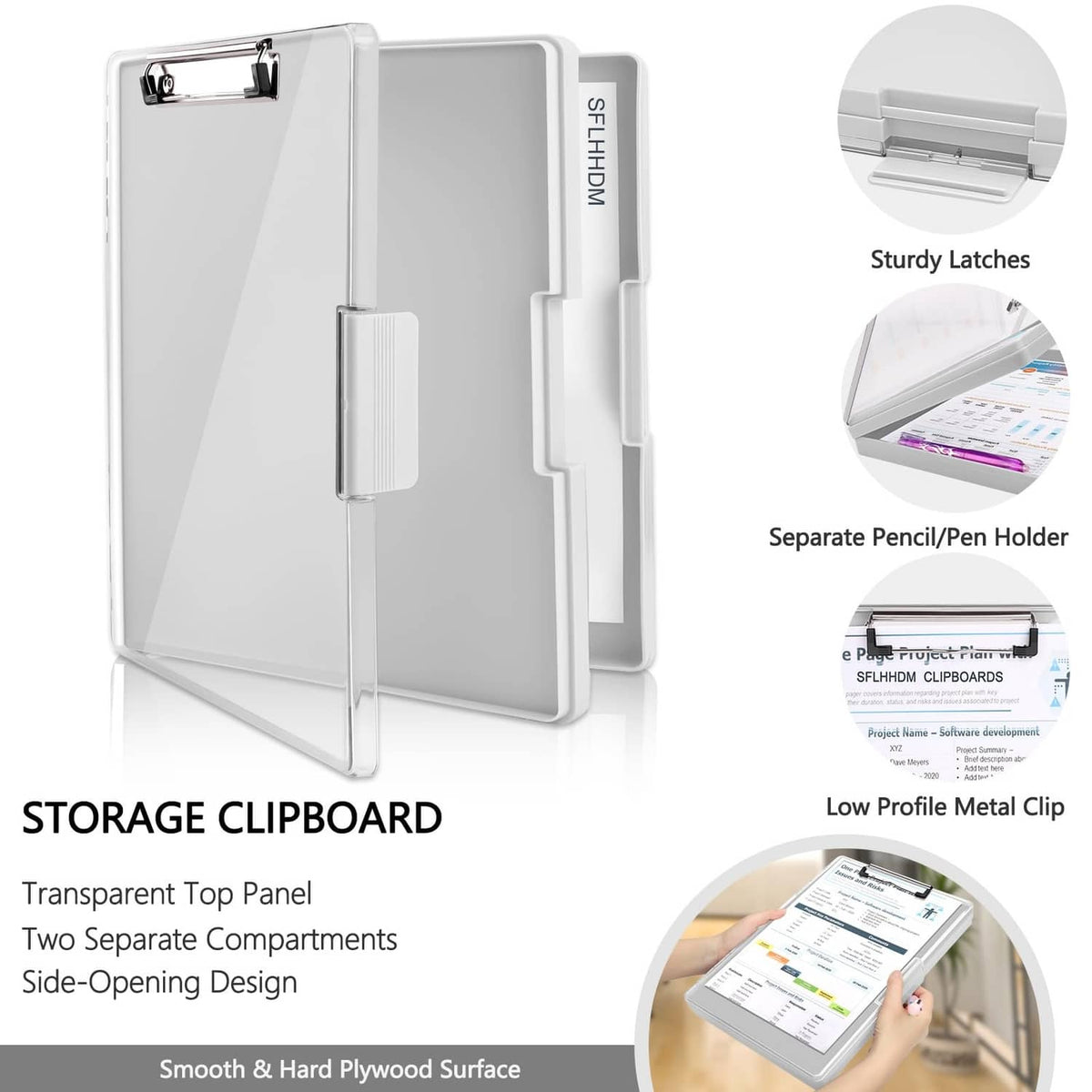 Foldable clipboard with storage compartments, pen holder and sturdy metal clip, open