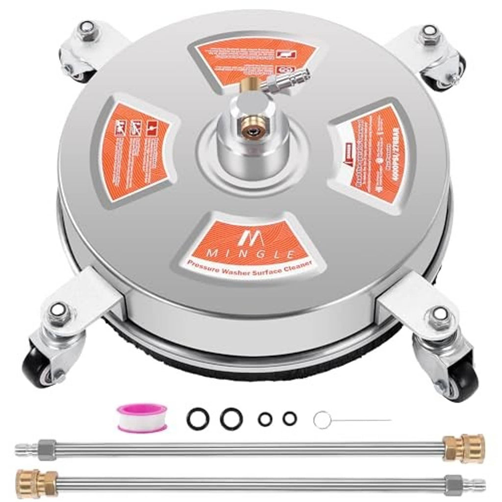 14-inch pressure washer surface cleaner attachment, top view with four wheels and fittings