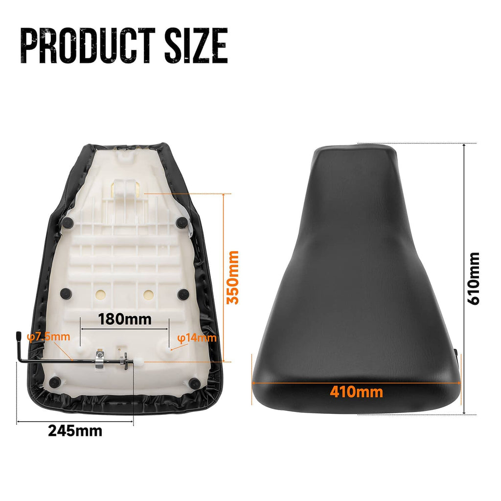 Black ATV seat with size diagram, showing dimensions and mounting points