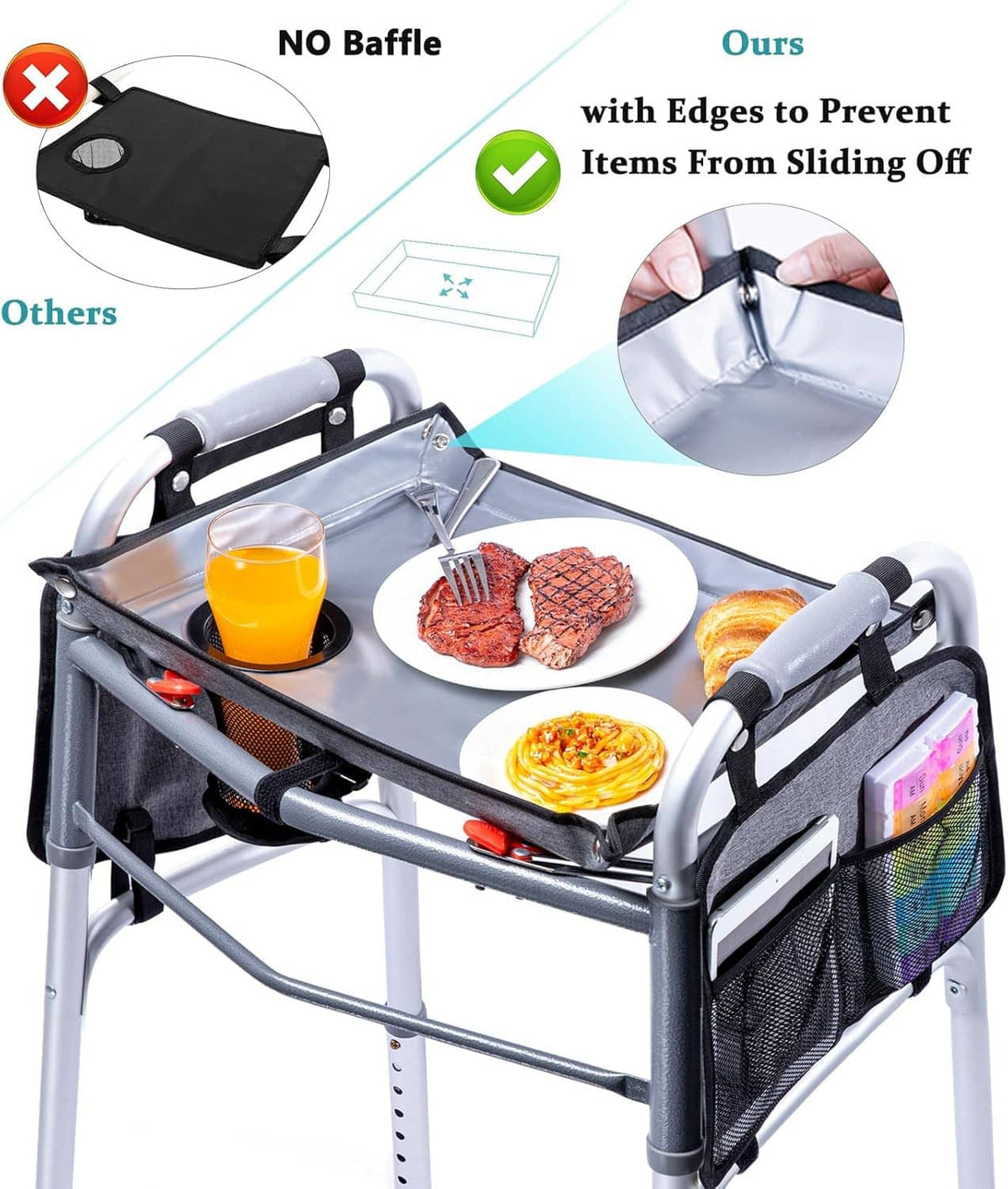 Walker tray table with cup holder and side pockets, items secured on the edge