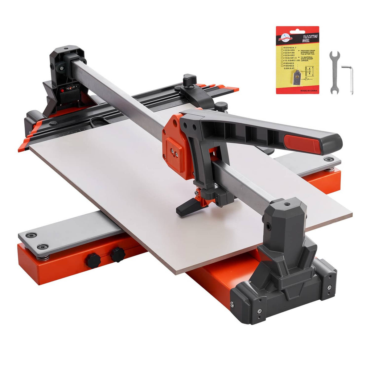 Manual tile cutter with spring-loaded base and adjustable angle guide, orange and gray