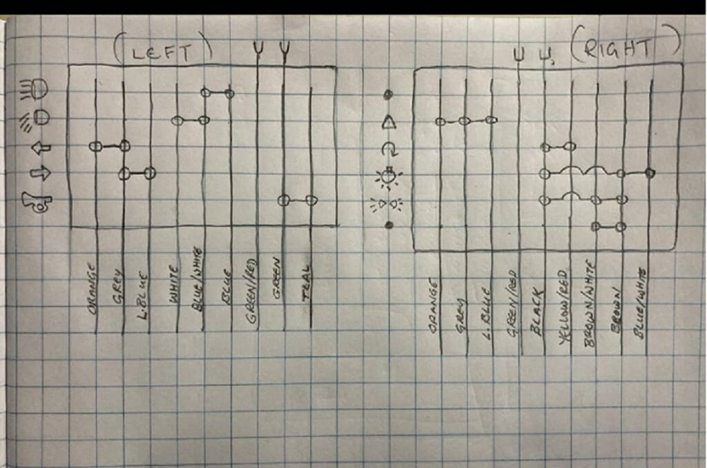 Handwritten wiring diagram grid labeled left and right switch connections