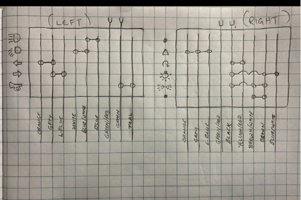 Handwritten wiring diagram grid labeled left and right switch connections