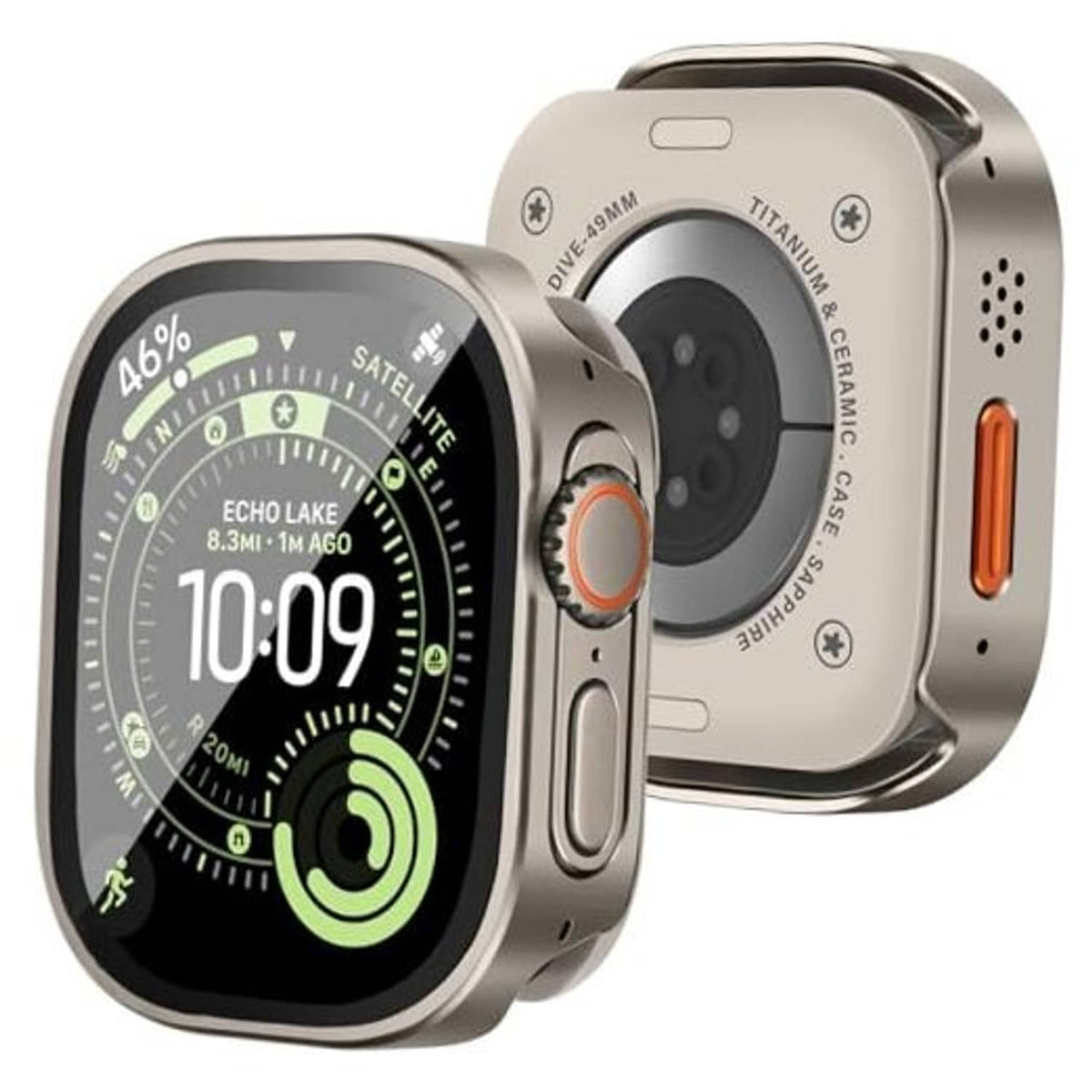 Natural titanium metal watch case with clear tempered screen cover and side cutouts