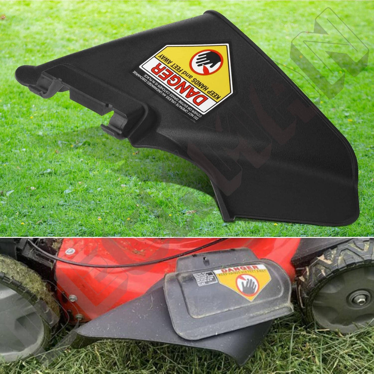 Black side discharge chute on lawn mower deck with yellow danger warning label