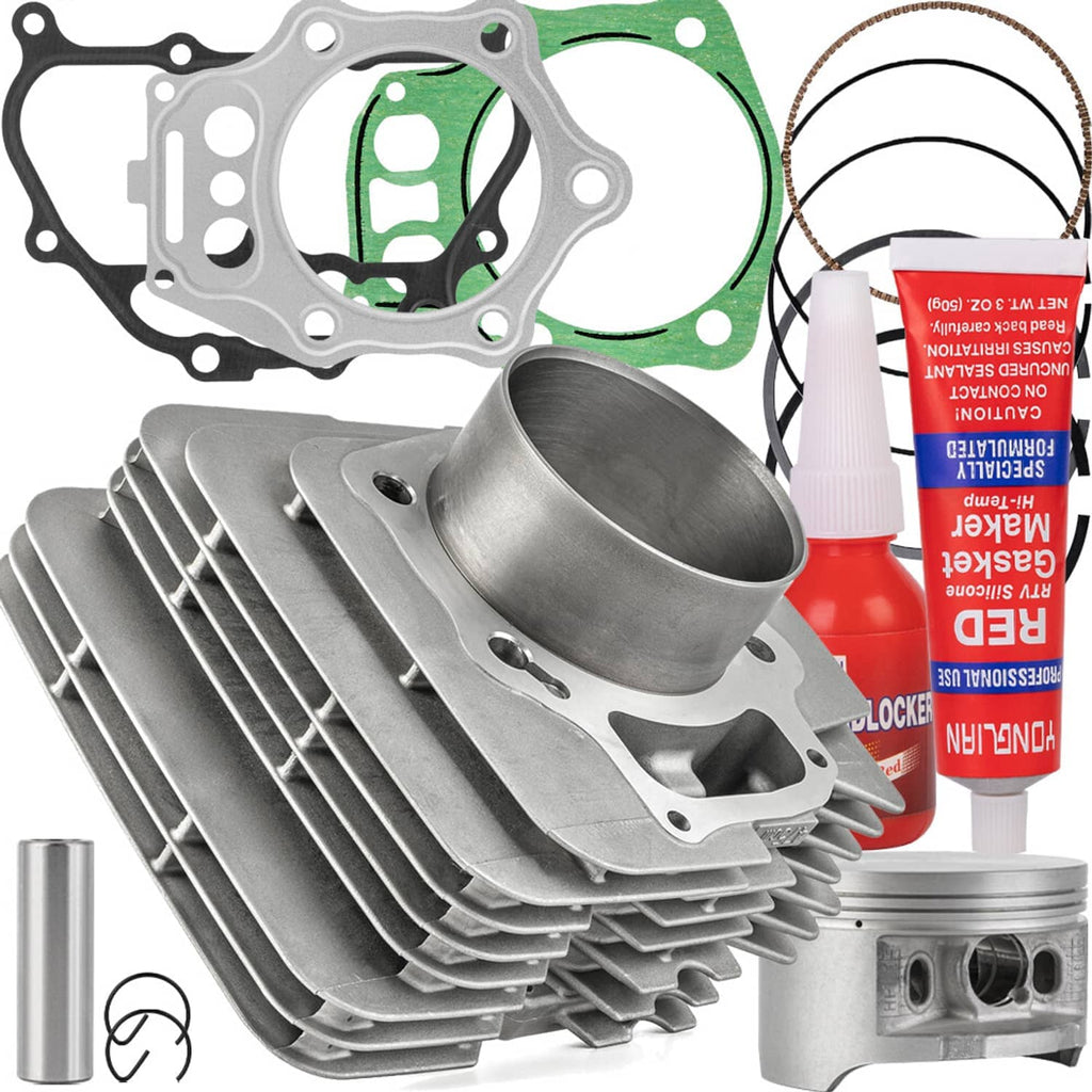 Finned cylinder and piston gasket kit with piston ring set, base gasket, and sealant