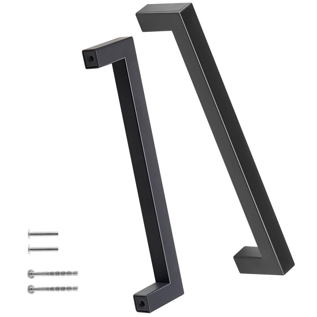 Matte black square cabinet pull handle with two mounting holes; includes screws