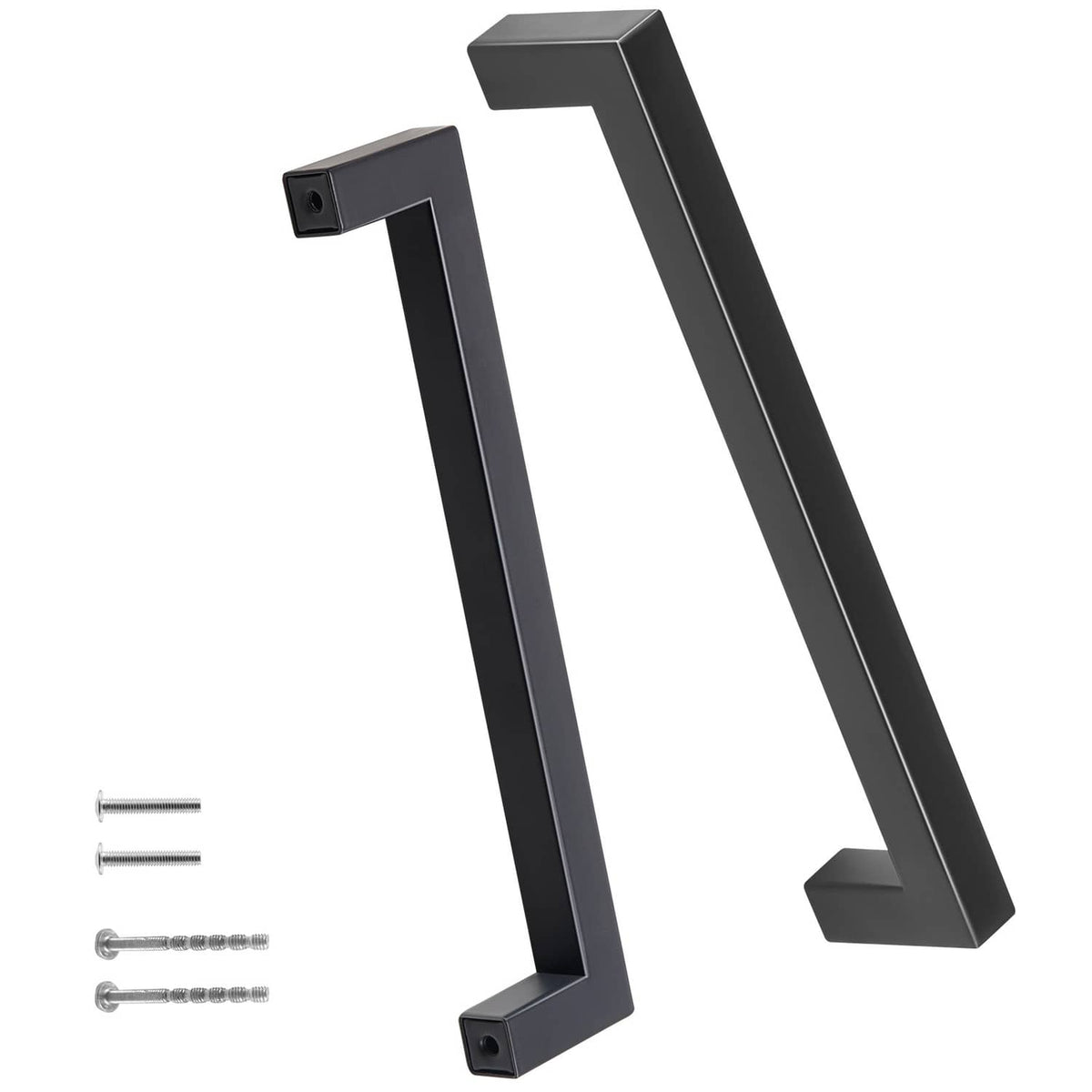 Matte black square cabinet pull handle with two mounting holes; includes screws