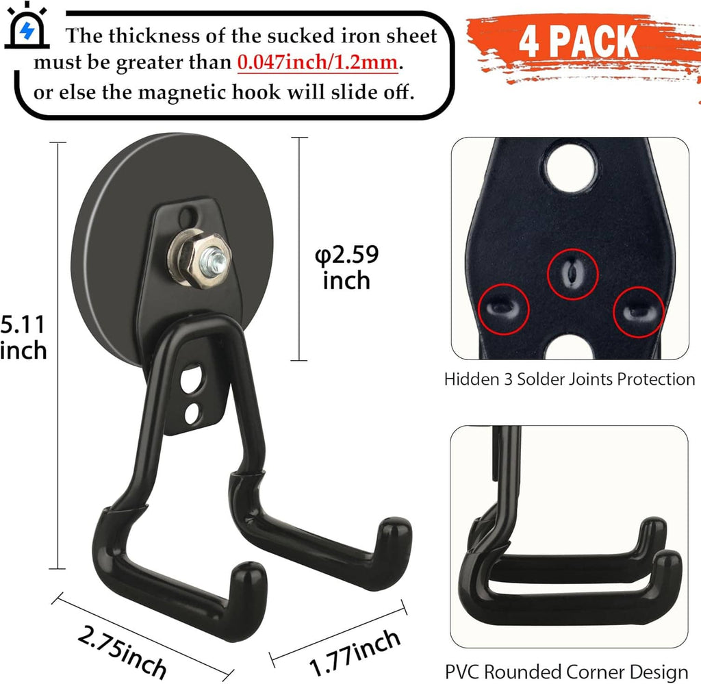 Black magnetic drill hook with rounded body, screw-mount plate, and U-shaped hanger