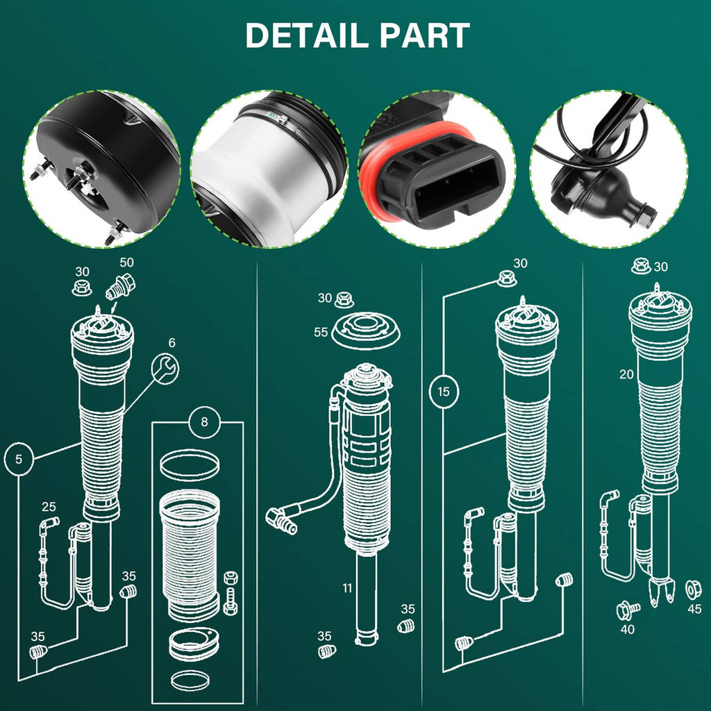 Exploded parts diagram of air suspension strut with numbered components