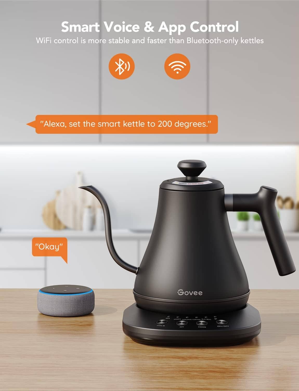 Black gooseneck smart electric kettle with voice-control speaker and app control