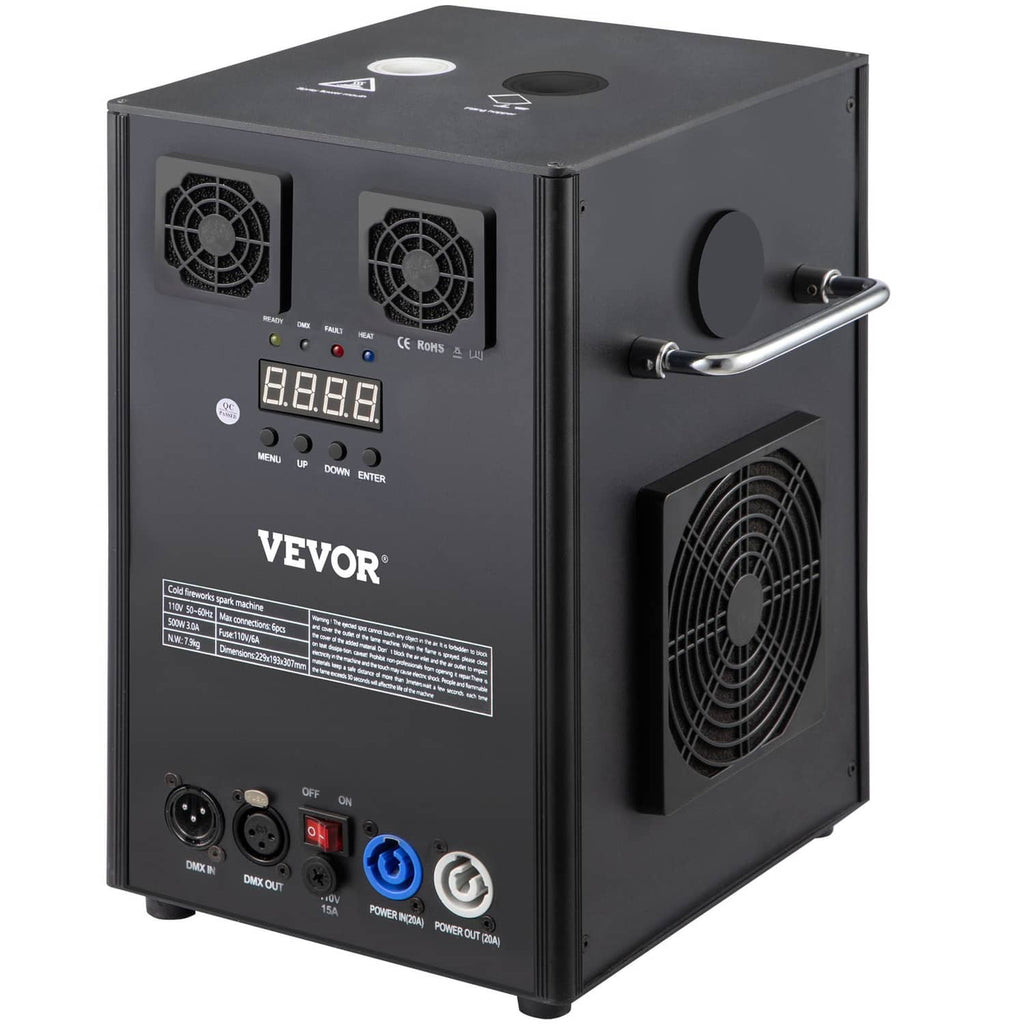 700W cold spark machine angled view with handles, fan grille, and controls