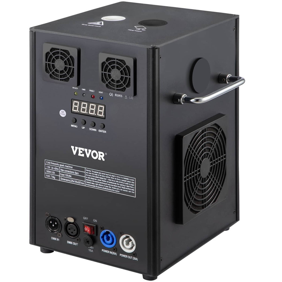 700W cold spark machine angled view with handles, fan grille, and controls