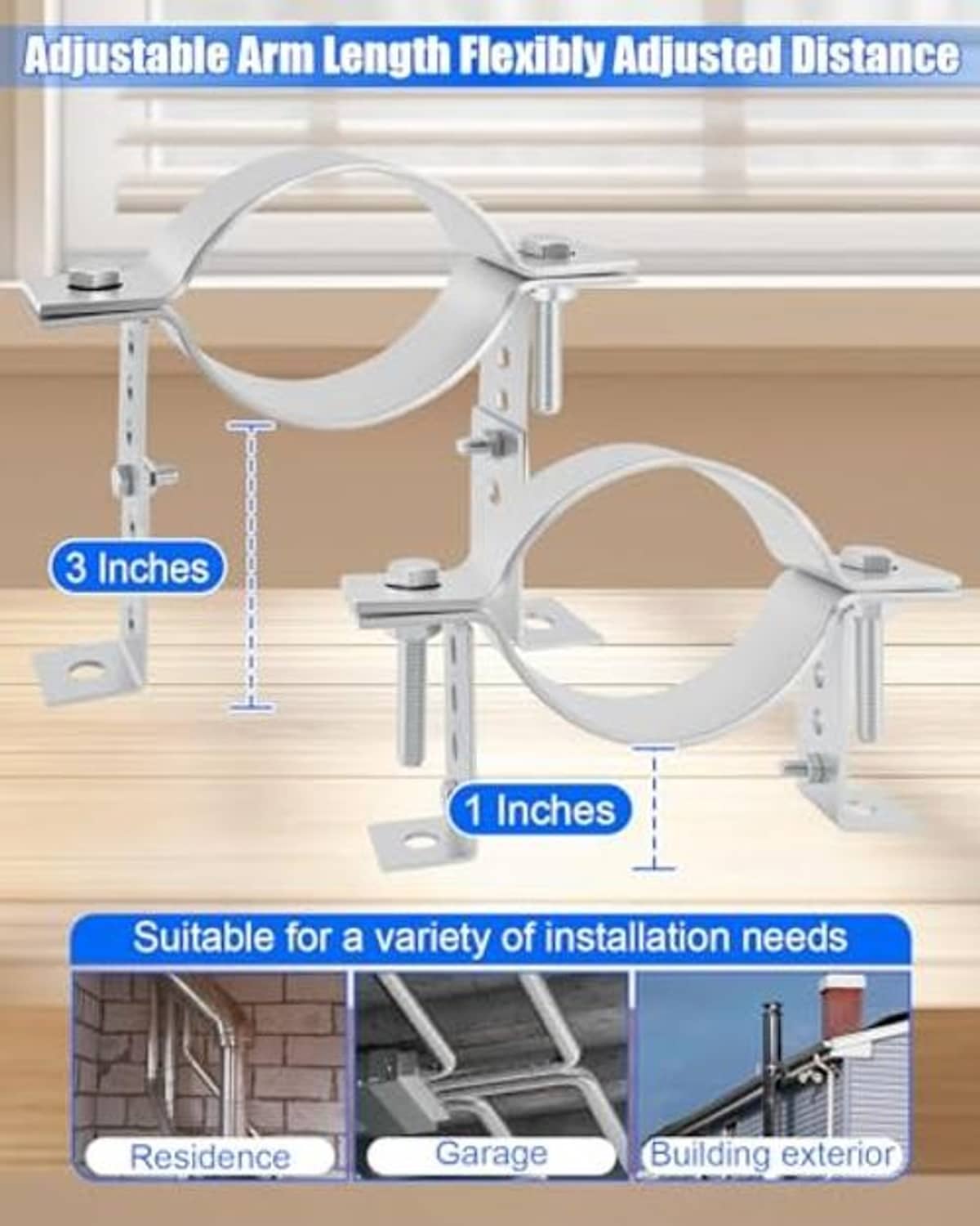Adjustable B-vent wall pipe bracket with split-ring clamp and extendable arms