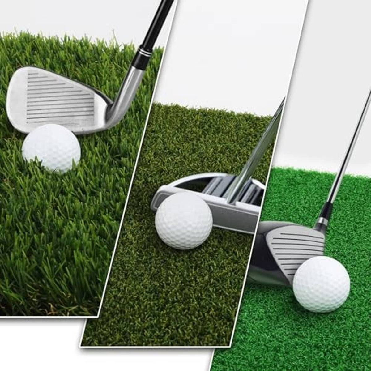 Artificial turf golf hitting mat with white practice balls and golf club impact area.
