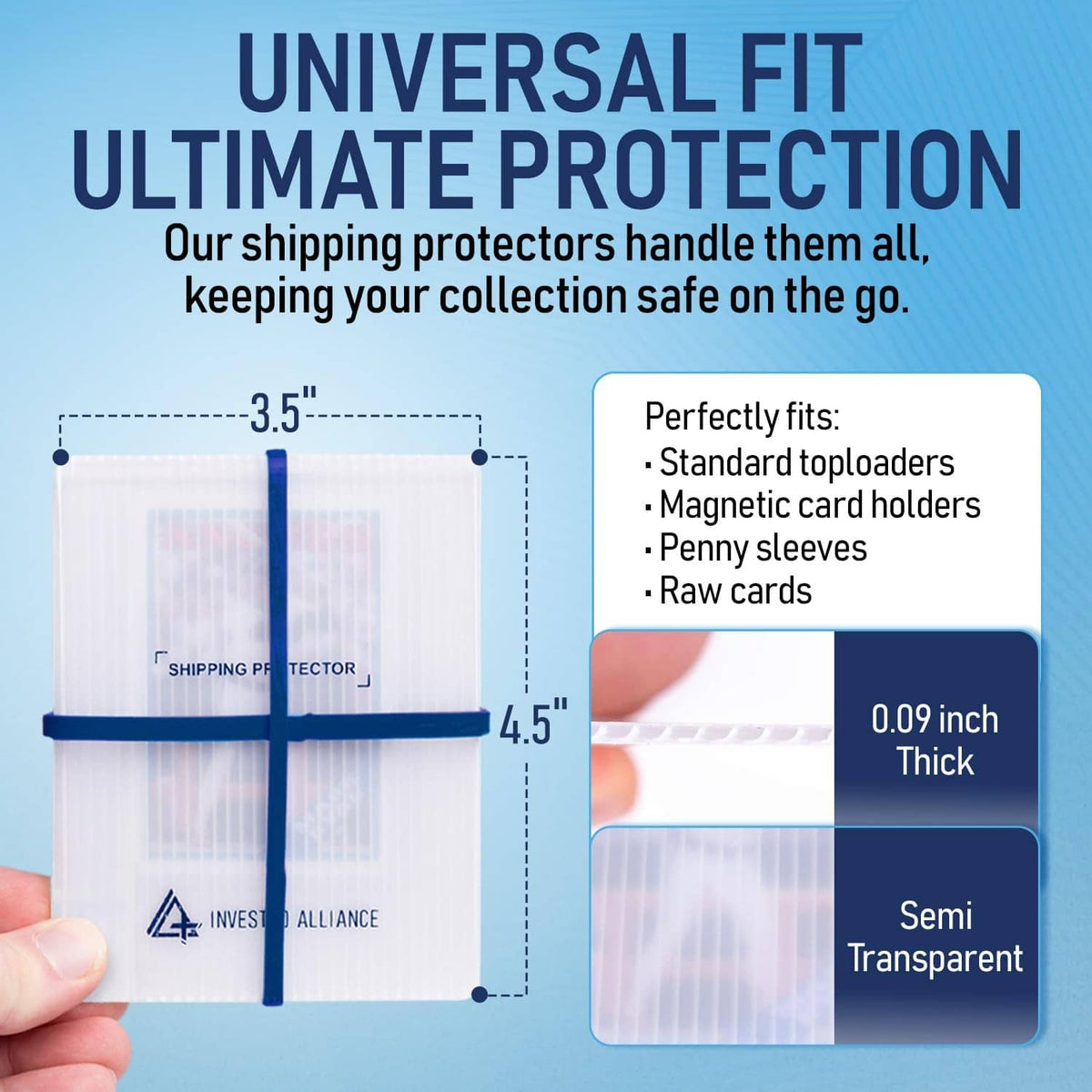 Universal-fit semi-transparent trading card shipping protector, 0.09 in thick