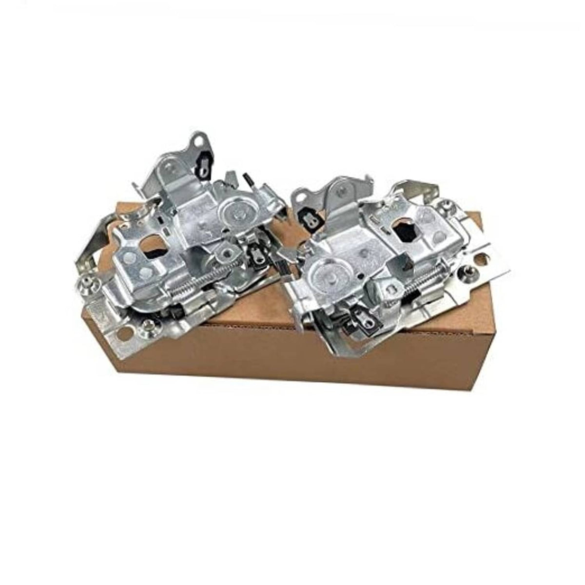 Pair of front door latch lock mechanisms, left and right, metal hardware on box