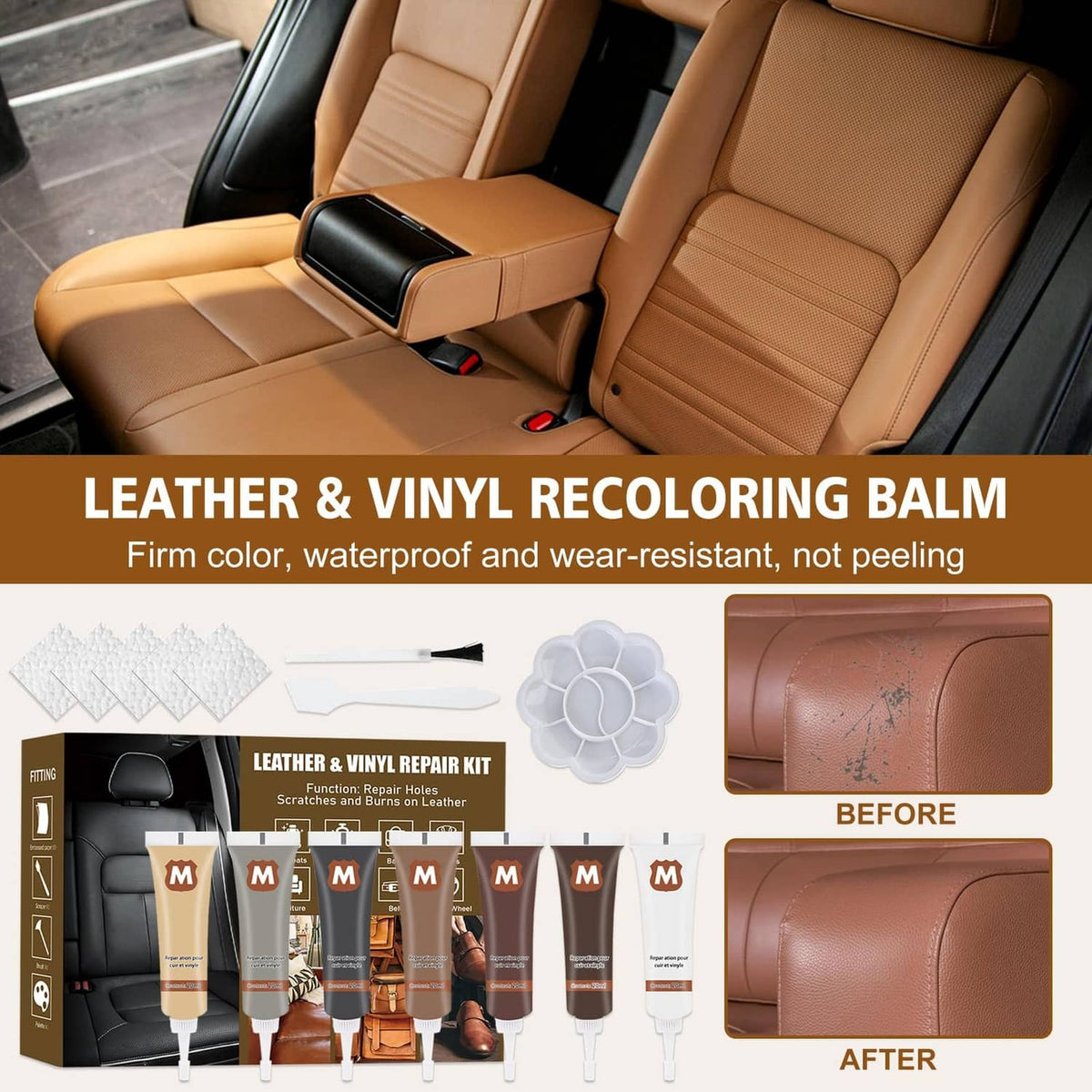 Car interior leather seat with repair kit balm tubes and before-and-after area