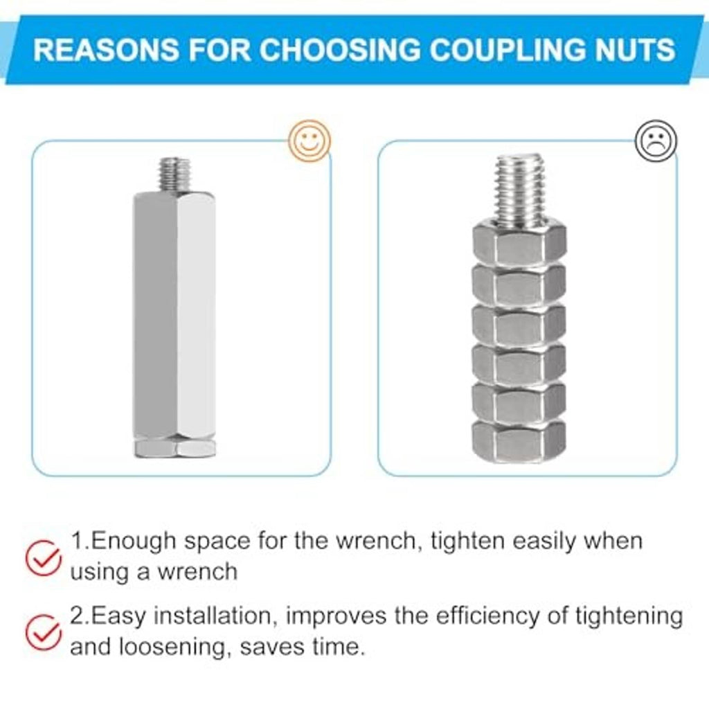 Stainless steel coupling nuts with hex profiles and internal threads (3-pack)