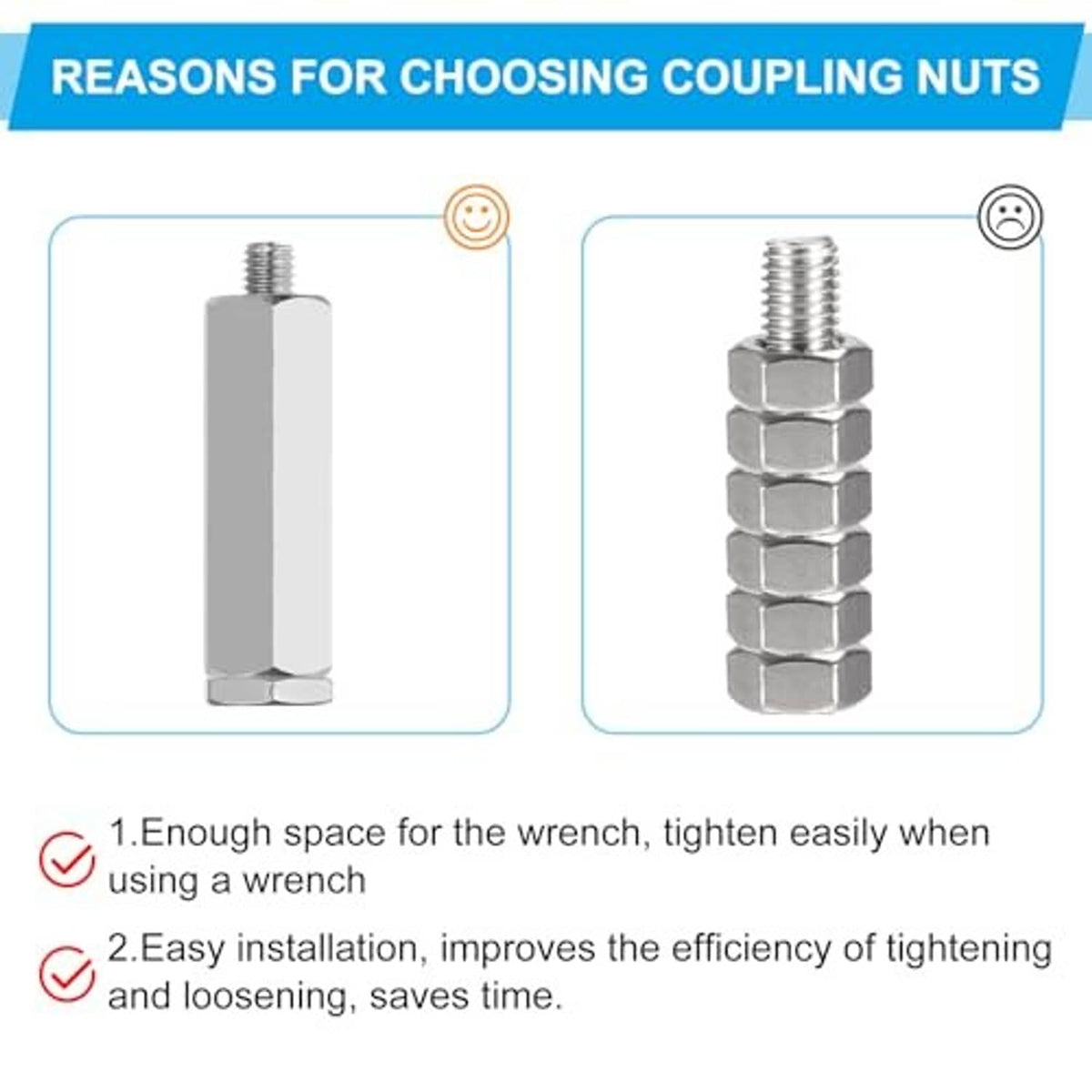 Stainless steel coupling nuts with hex profiles and internal threads (3-pack)