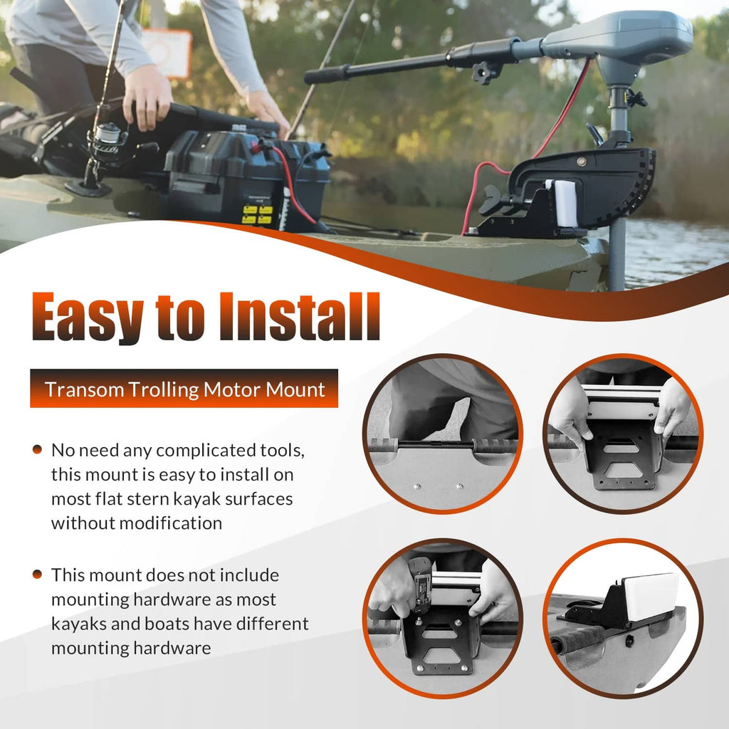 Black transom trolling motor mount installed on kayak stern with mounting hardware