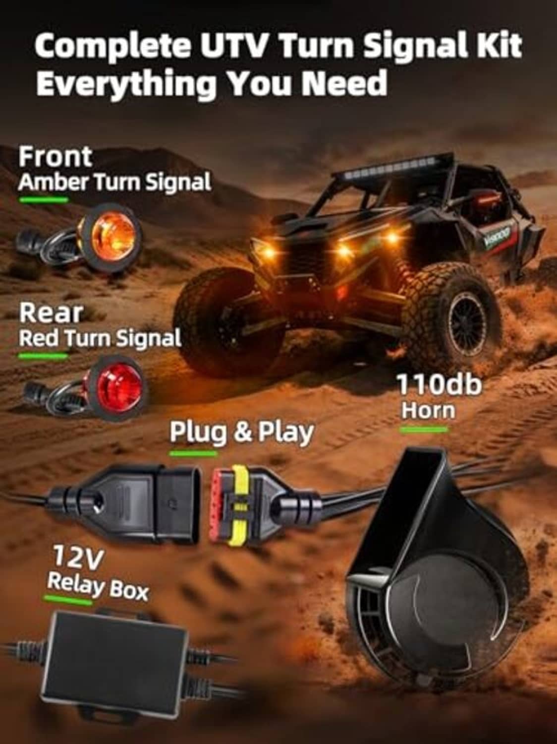 Complete UTV turn signal kit with amber and red LED pods, 110dB horn, relay box