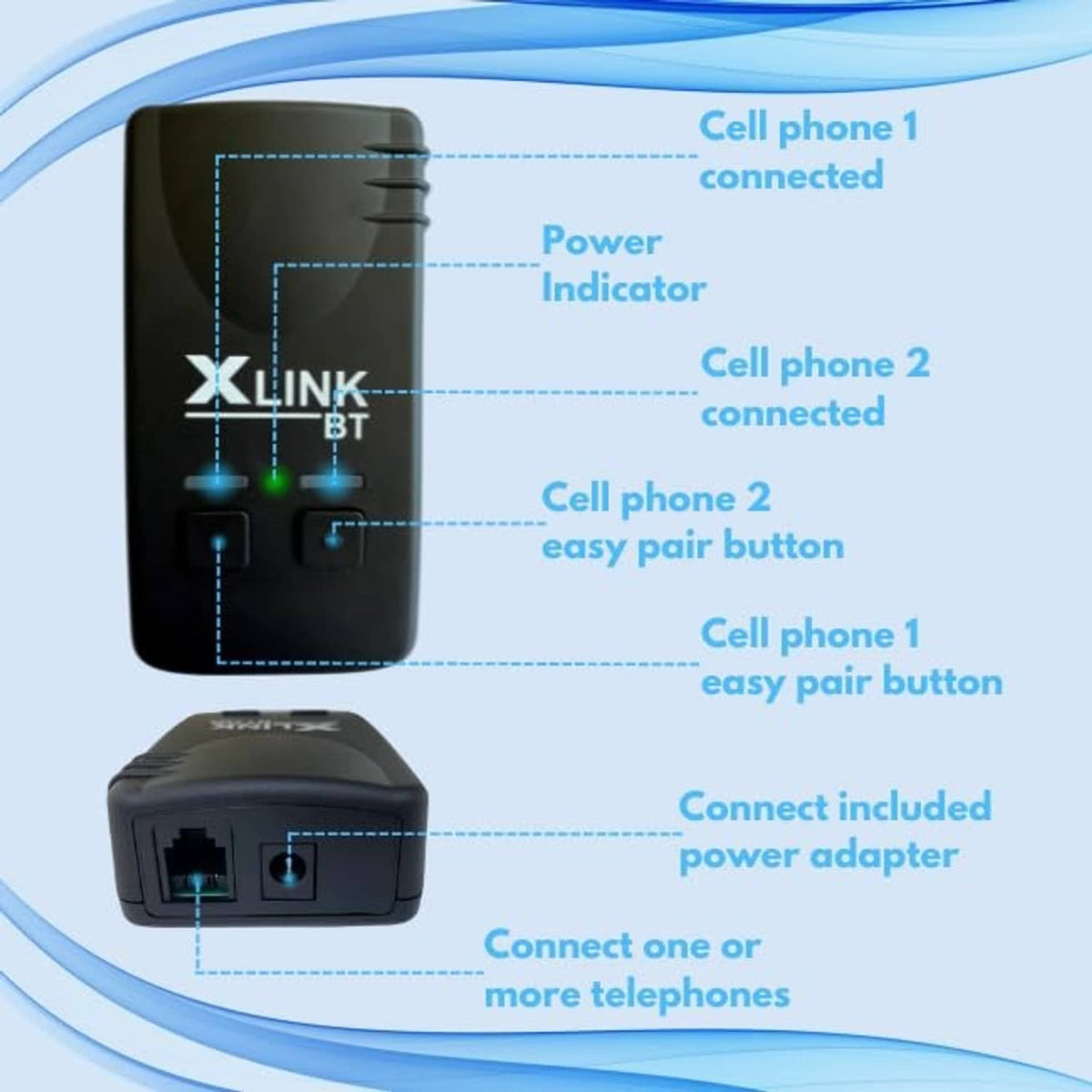 Black XLink BT Bluetooth adapter with pairing buttons and power indicators
