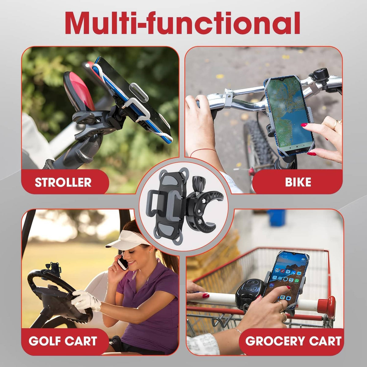 Multi-use phone holder clamp for stroller, bike, and cart mounting with secure grip