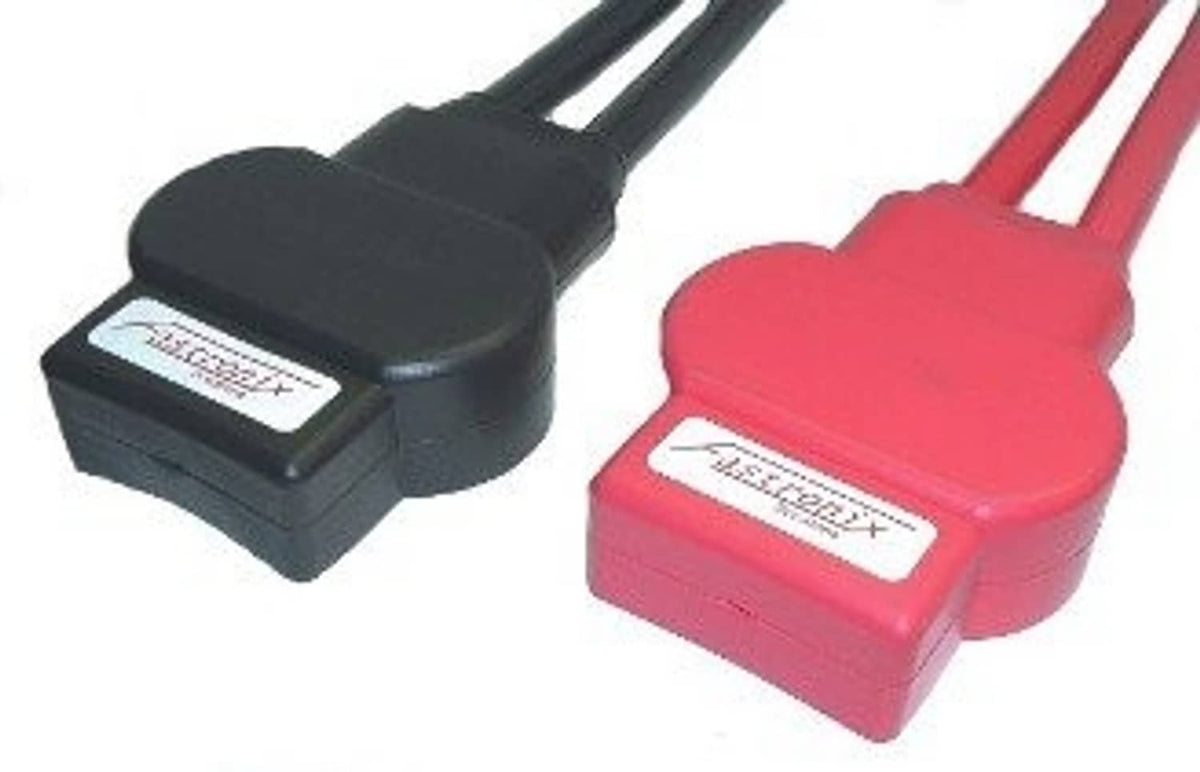 Top-post battery terminal covers with attached leads: black and red
