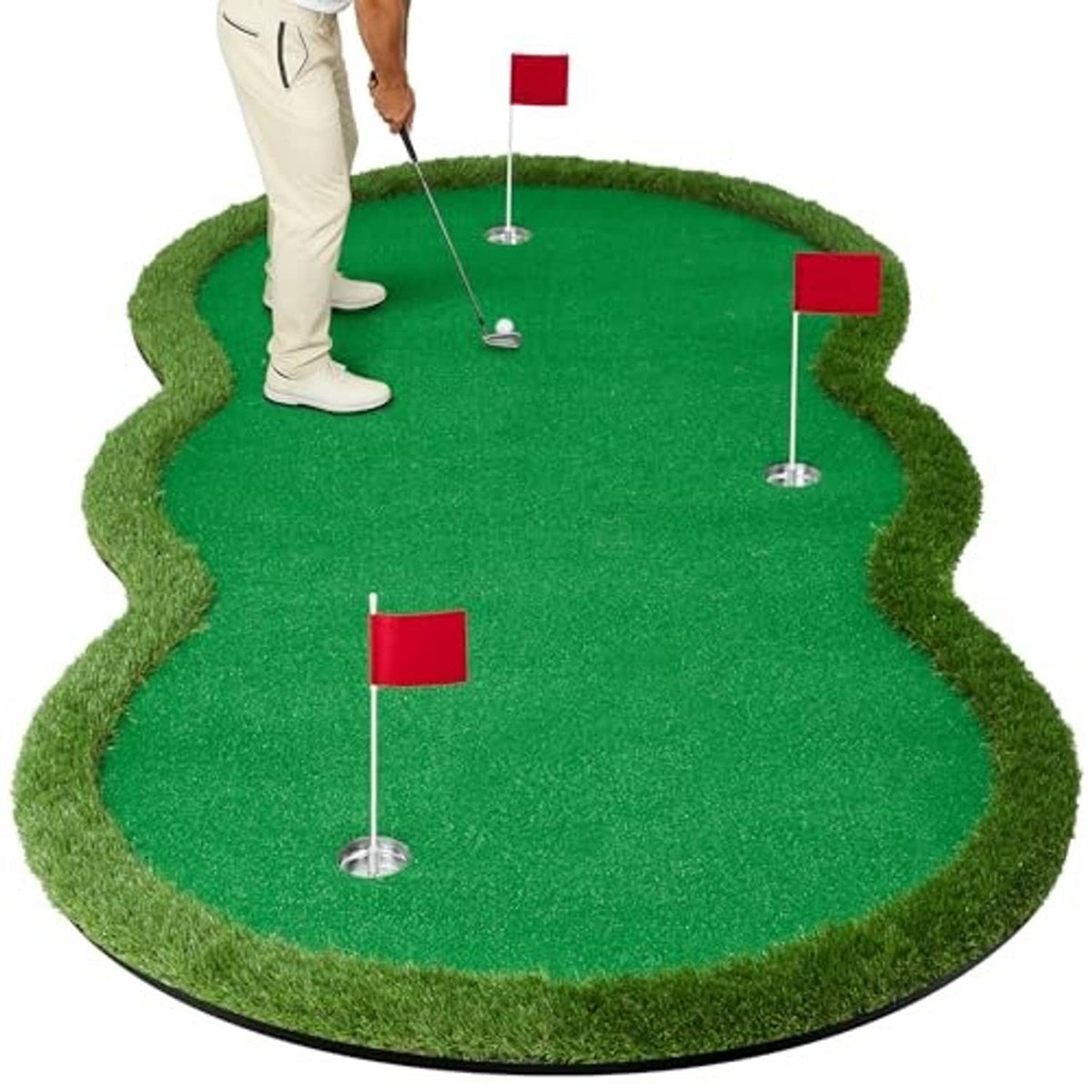 Circular green golf putting mat with four red flag holes for practice