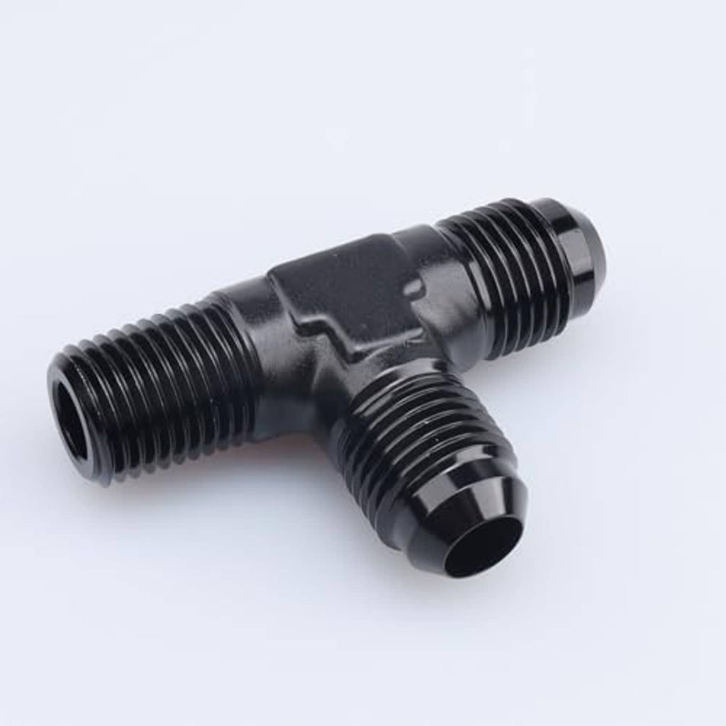 Black AN male flare tee showing three-way ports with two 1/2 NPT outlets
