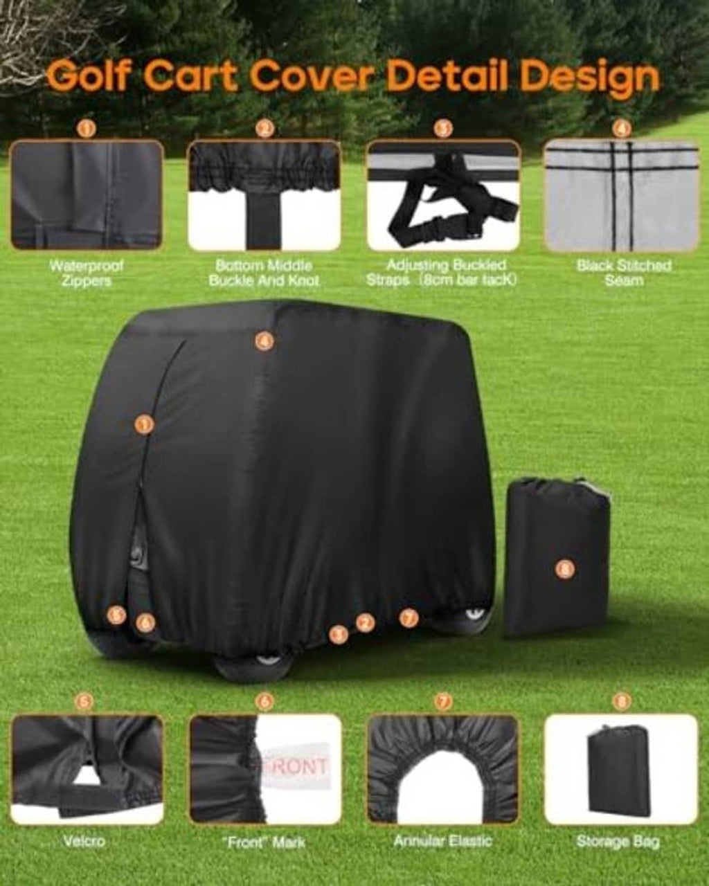 Black golf cart cover with waterproof zippers, adjustable straps, elastic hem, and storage bag